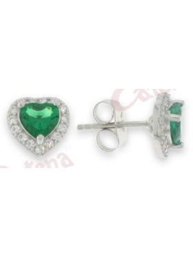 Σκουλαρίκια ασημένια επιπλατινωμένα στολισμένα με άσπρες πέτρες ζιργκόν και πράσινη σε σχέδιο καρδιά