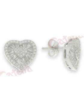 Σκουλαρίκια ασημένια επιπλατινωμένα με άσπρες πέτρες ζιργκόν σε σχέδιο καρδιά 