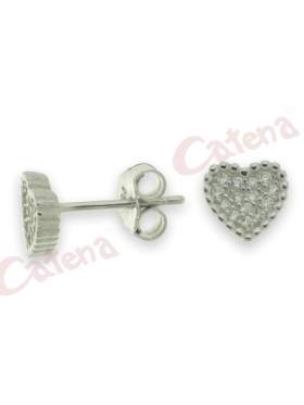 Σκουλαρίκια ασημένια επιπλατινωμένα σε σχέδιο καρδιά και άσπρες πέτρες ζιργκόν 
