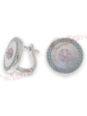 Σκουλαρίκια ασημένια επιπλατινωμένα με γαλάζιες και ροζ πέτρες ζιργκόν