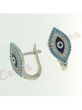 Σκουλαρίκια ασημένια επιπλατινωμένα με άσπρες γαλάζιες πέτρες ζιργκόν σε σχέδιο μάτι