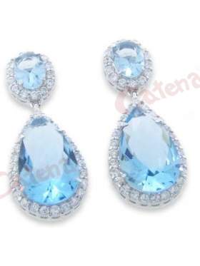 Σκουλαρίκια ασημένια επιπλατινωμένα με άσπρες πέτρες ζιργκόν και γαλάζιες 