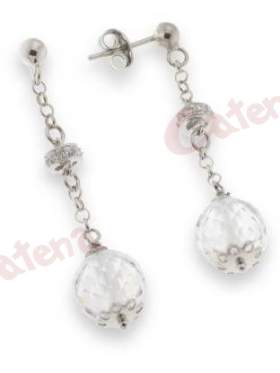 Σκουλαρίκια ασημένια επιπλατινωμένα στολισμένα με άσπρες πέτρες ζιργκόν και ασημένια αλυσίδα