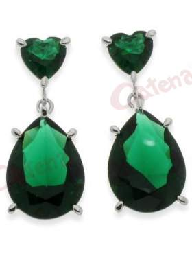 Σκουλαρίκι ασημένιο επιπλατινωμένο με πέτρες ζιργκόν πράσινες σε σχέδιο σταγόνα και καρδιά