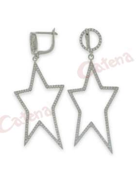 Σκουλαρίκια ασημένια, επιπλατινωμένα, στολισμένα με άσπρη πέτρα ζιργκόν με σχέδιο αστέρι