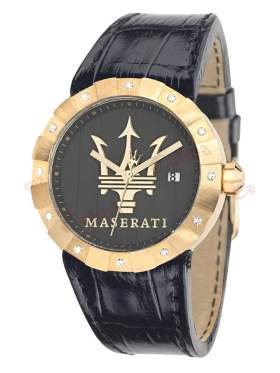 MASERATI Tridente Crystal Ladies Gold Black Leather Strap R8851103502