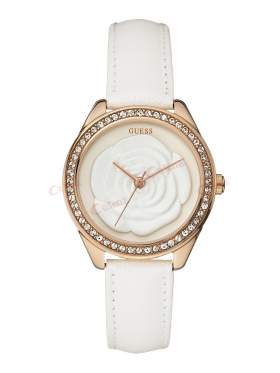 GUESS Crystal Pink Rose White Leather Strap W90083L1