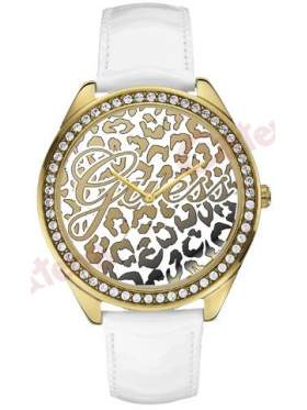  GUESS Style Crystal Gold White Leather Strap   W0346L1 