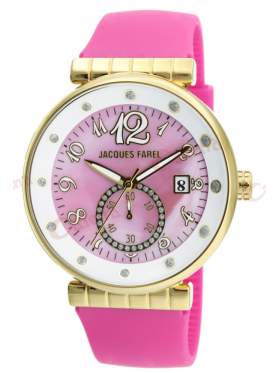 JACQUES FAREL Gold Crystals Pink Rubber Strap