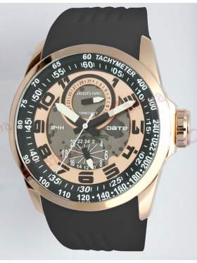 JACQUES FAREL Multifunction Rose Gold Black Rubber Strap