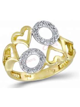 Δακτυλίδι χρυσό με ζιργκόν άσπρες πέτρες σχέδιο καρδιά και κύκλους
