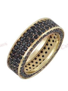 Δακτυλίδι σε κίτρινο χρυσό με μαύρε πέτρες ζιργκόν σχέδιο ολόβερο 14 καράτια