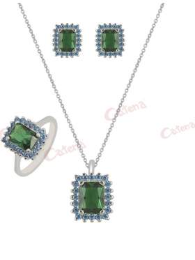 Set λευκόχρυσο με γαλάζιες πέτρες ζιρκόν και πράσινες καράτια 14 σε σχέδιο ροζέτα