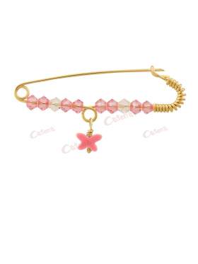 Παραμάνα χρυσή για νεογέννητο κοριτσάκι, σχέδιο ροζ πεταλούδα με άσπρες και ροζ πέτρες