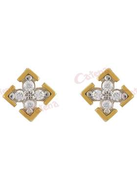 Σκουλαρίκια χρυσά σε σχέδιο σταυρό με άσπρες πέτρες καράτια 14