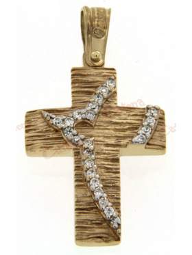 Σταυρός γυναικείος δίχρωμος χρυσός με λευκόχρυσο και άσπρες πέτρες ζιργκόν σε ελεύθερο σχέδιο
