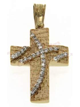 Σταυρός γυναικείος δίχρωμος χρυσός με λευκόχρυσο και άσπρες πέτρες ζιργκόν 