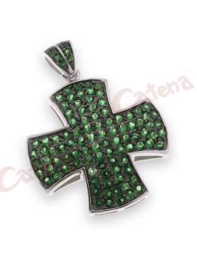 Σταυρός ασημένιος επιπλατινωμένος, στολισμένος με πράσινες πέτρες ζιργκόν