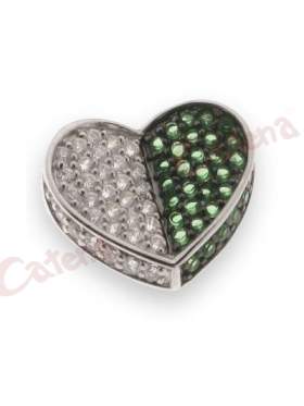 Μενταγιόν ασημένιο επιπλατινωμένο, σχέδιο καρδιά με άσπρες και πράσινες πέτρες ζιργκόν