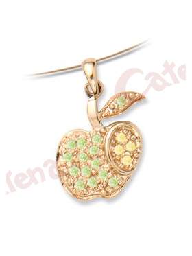 Μενταγιόν χρυσό με σχέδιο μήλο στολισμένο με πράσινες και κίτρινες πέτρες ζιργκόν