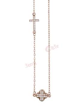 Κολιέ ροζ χρυσό με διπλό σχέδιο σταυρούς στολισμένους με άσπρες πέτρες ζιργκόν