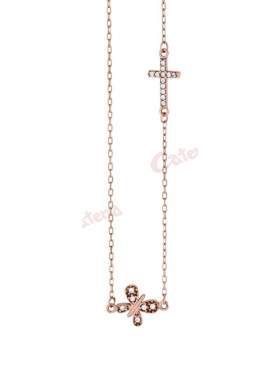 Κολιέ ροζ χρυσό με διπλό σχέδιο σταυρό και πεταλούδα στολισμένη με άσπρες πέτρες ζιργκόν