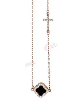 Κολιέ ροζ χρυσό με διπλό σχέδιο σταυρό και μαύρο φιλντισένιο σταυρό στολισμένους με άσπρες πέτρες ζιργκόν