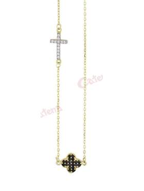 Κολιέ χρυσό με διπλό σχέδιο σταυρούς στολισμένους με άσπρες και μαύρες πέτρες ζιργκόν