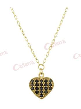 Κολιέ χρυσό με σχέδιο καρδιά στολισμένο με μαύρες πέτρες ζιργκόν