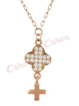 Κολιέ ροζ χρυσό με σχέδιο σταυρό στολισμένο με άσπρες πέτρες ζιργκόν και σταυρό από κάτω