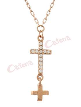 Κολιέ ροζ χρυσό με σχέδιο σταυρό με άσπρες πέτρες ζιργκόν και σταυρό από κάτω
