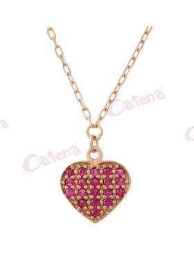 Κολιέ ροζ χρυσό με σχέδιο καρδιά στολισμένη με κόκκινες πέτρες ζιργκόν