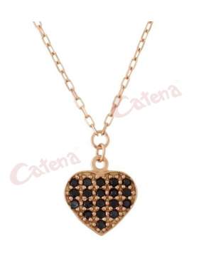 Κολιέ ροζ χρυσό με σχέδιο καρδιά στολισμένη με μαύρες πέτρες ζιργκόν
