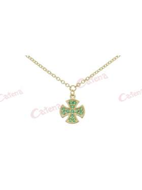 Κολιέ χρυσό με σχέδιο σταυρό στολισμένο με πράσινες πέτρες ζιργκόν