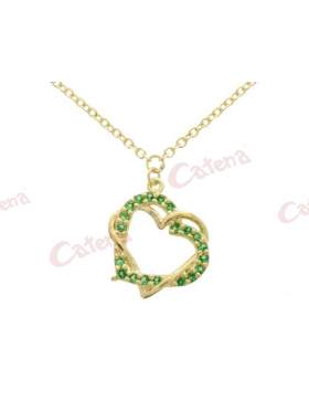 Κολιέ χρυσό με σχέδιο καρδιές στολισμένες με πράσινες πέτρες ζιργκόν
