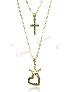 Κολιέ χρυσό με δύο αλυσίδες κολλημένες στο τελείωμα, διπλό σχέδιο καρδιά με κορώνα και σταυρό με μαύρες πέτρες ζιργκόν