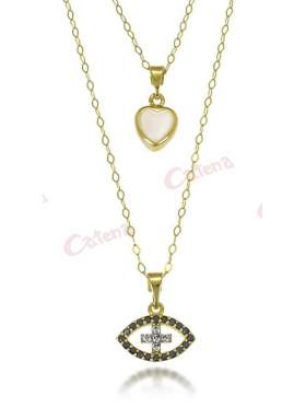 Κολιέ χρυσό με δύο αλυσίδες κολλημένες στο τελείωμα, διπλό σχέδιο καρδιά από φίλντισι και μάτι με σταυρό με πέτρες ζιργκόν