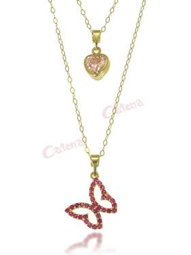 Κολιέ χρυσό με δύο αλυσίδες κολλημένες στο τελείωμα, διπλό σχέδιο καρδιά και πεταλούδα με κόκκινες πέτρες ζιργκόν