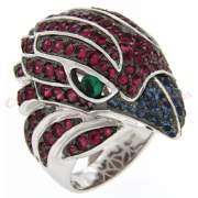 Ασημένιο δαχτυλίδι σε σχέδιο κεφάλι πουλιού στολισμένο με πέτρες ζιργκόν σε χρώμα κόκκινο, πράσινο και μπλέ