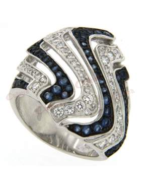 Ασημένιο δαχτυλίδι επιπλατινωμένο με περίτεχνο σχέδιο στολισμένο με άσπρες και μπλέ πέτρες ζιργκόν