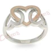 Ασημένιο δαχτυλίδι, δίχρωμο με σχέδιο καρδιές πιασμένες μεταξύ τους