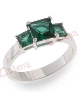 Δαχτυλίδι ασημένιο,επιπλατινωμένο με πράσινες πέτρες ζιργκόν