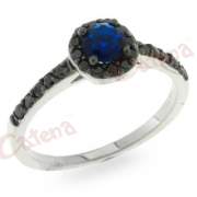 Δαχτυλίδι ασημένιο,επιπλατινωμένο με μαύρες και μπλε πέτρες ζιργκόν