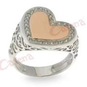 Δαχτυλίδι ασημένιο, επιπλατινωμένο, δίχρωμο με σχέδιο καρδιά στολισμένο με άσπρες πέτρες ζιργκόν