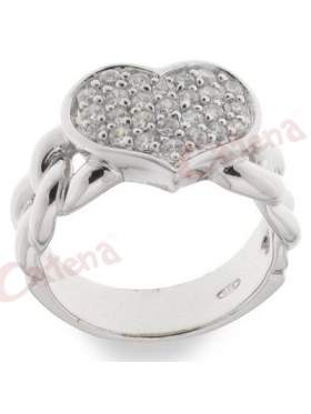 Ασημένιο δαχτυλίδι, με σχέδιο καρδιά στολισμένη με άσπρες πέτρες ζιργκόν