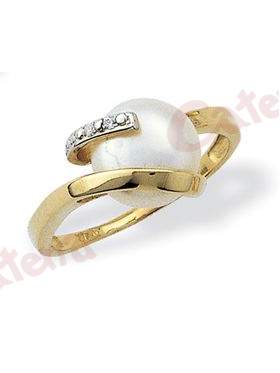 Δαχτυλίδι χρυσό στολισμένο με μαργαριτάρι και άσπρη πέτρα ζιργκόν