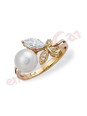 Δαχτυλίδι χρυσό στολισμένο με μαργαριτάρι, σχέδιο λουλούδι με άσπρες πέτρες ζιργκόν