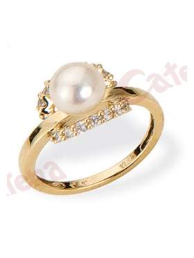 Δαχτυλίδι χρυσό στολισμένο με μαργαριτάρι και άσπρες πέτρες ζιργκόν