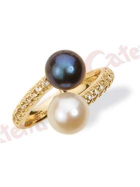 Δαχτυλίδι χρυσό στολισμένο με άσπρο και μπλέ μαργαριτάρι και άσπρες πέτρες ζιργκόν