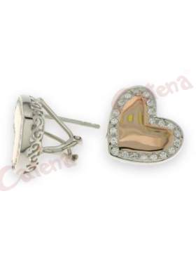 Ασημένια σκουλαρίκια, επιπλατινωμένα, δίχρωμα με σχέδιο καρδιά στολισμένη με άσπρες πέτρες ζιργκόν